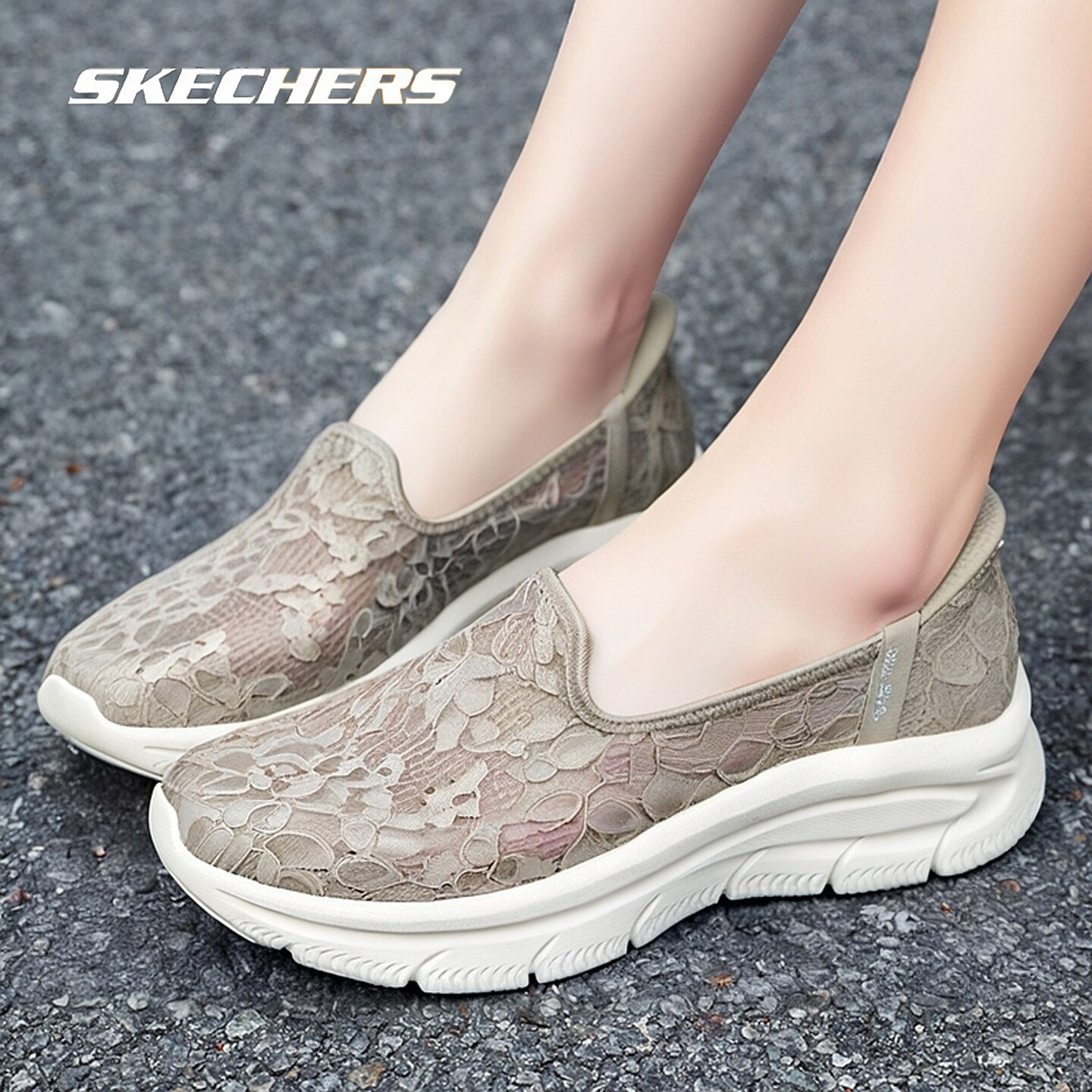 斯凯奇闪穿鞋透气蕾丝镂空女鞋浅口鞋休闲厚底运动鞋158858-TPE