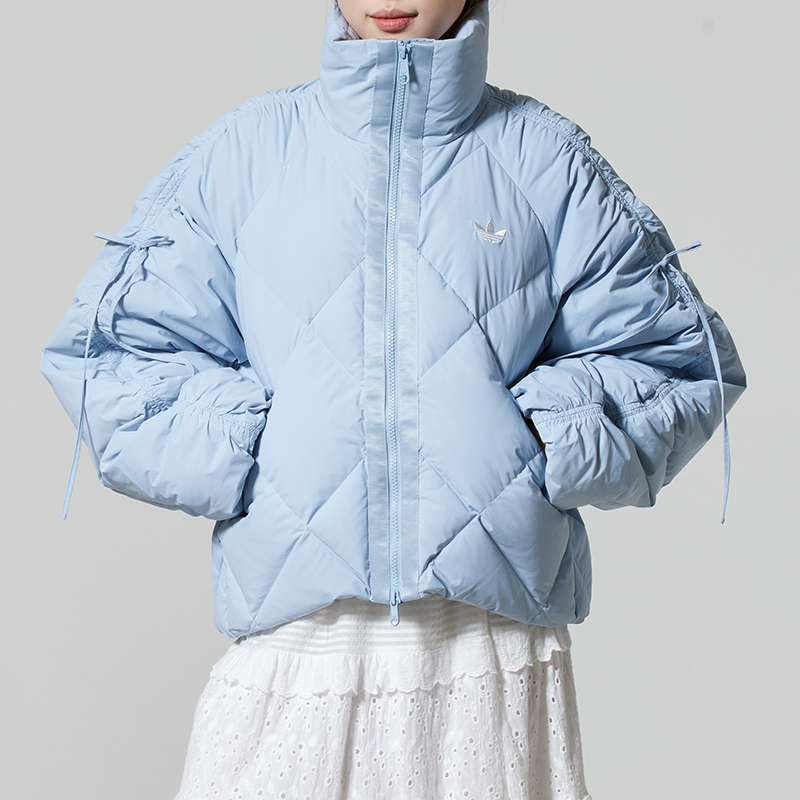 阿迪达斯三叶草蓝色立领羽绒服女2025冬季运动休闲宽松蝴蝶结外套