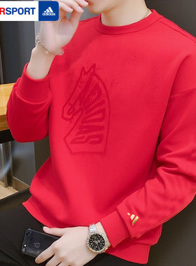 阿迪达斯新年款卫衣男士本命年红色运动上衣圆领加绒套头衫KE4069