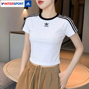运动服透气短袖 阿迪达斯三叶草修身 白色圆领半袖 T恤女装 上衣 短款