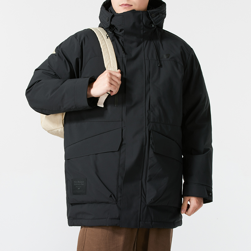 NEW BALANCE NB黑色羽绒服男装2025新款连帽运动服外套工装派克服