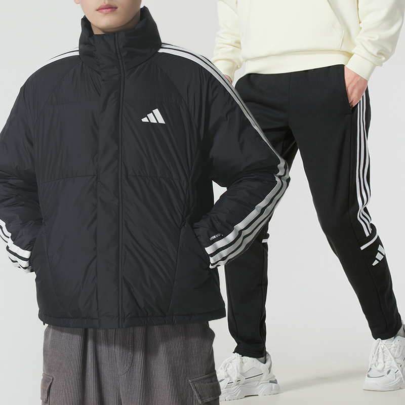 阿迪达斯运动套装男装三条纹立领宽松羽绒服针织加绒长裤两件套