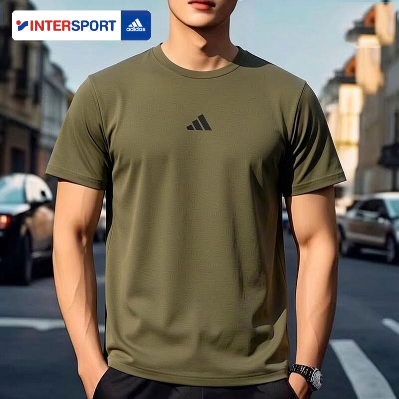 阿迪达斯男子短袖透气T恤夏季款运动服跑步健身圆领宽松绿色上衣