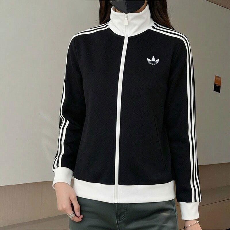 阿迪达斯三叶草外套女装2026春季新款高领运动服黑色立领休闲夹克