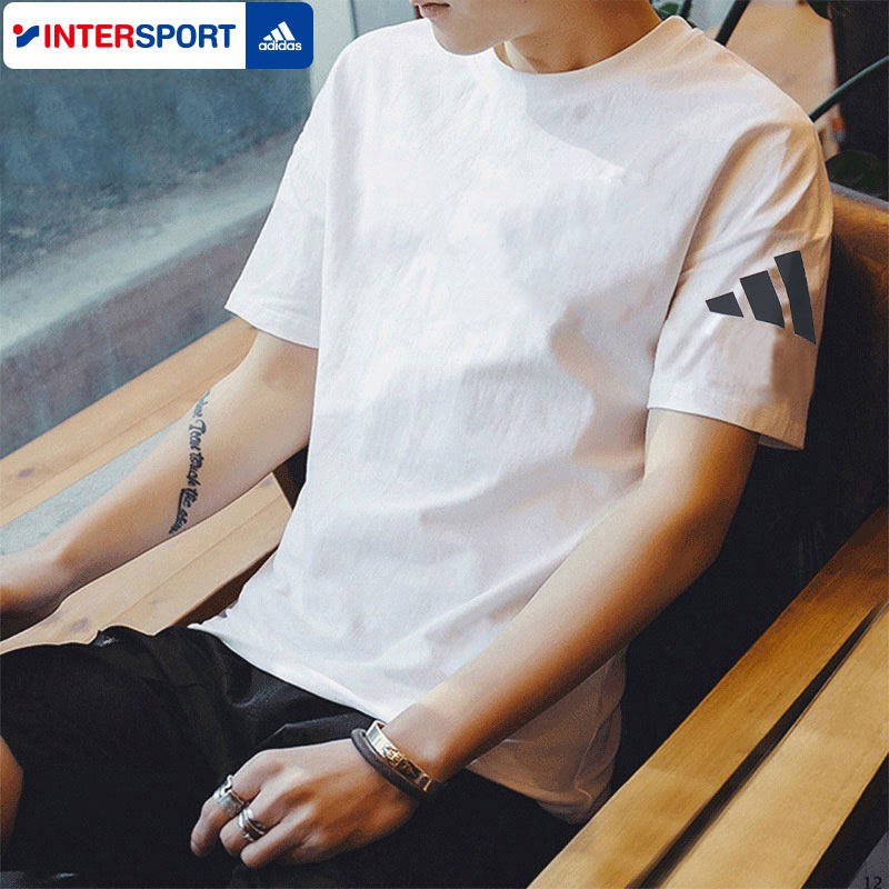 阿迪达斯男士纯棉短袖T恤新款白色运动服圆领半袖跑步上衣JC9296