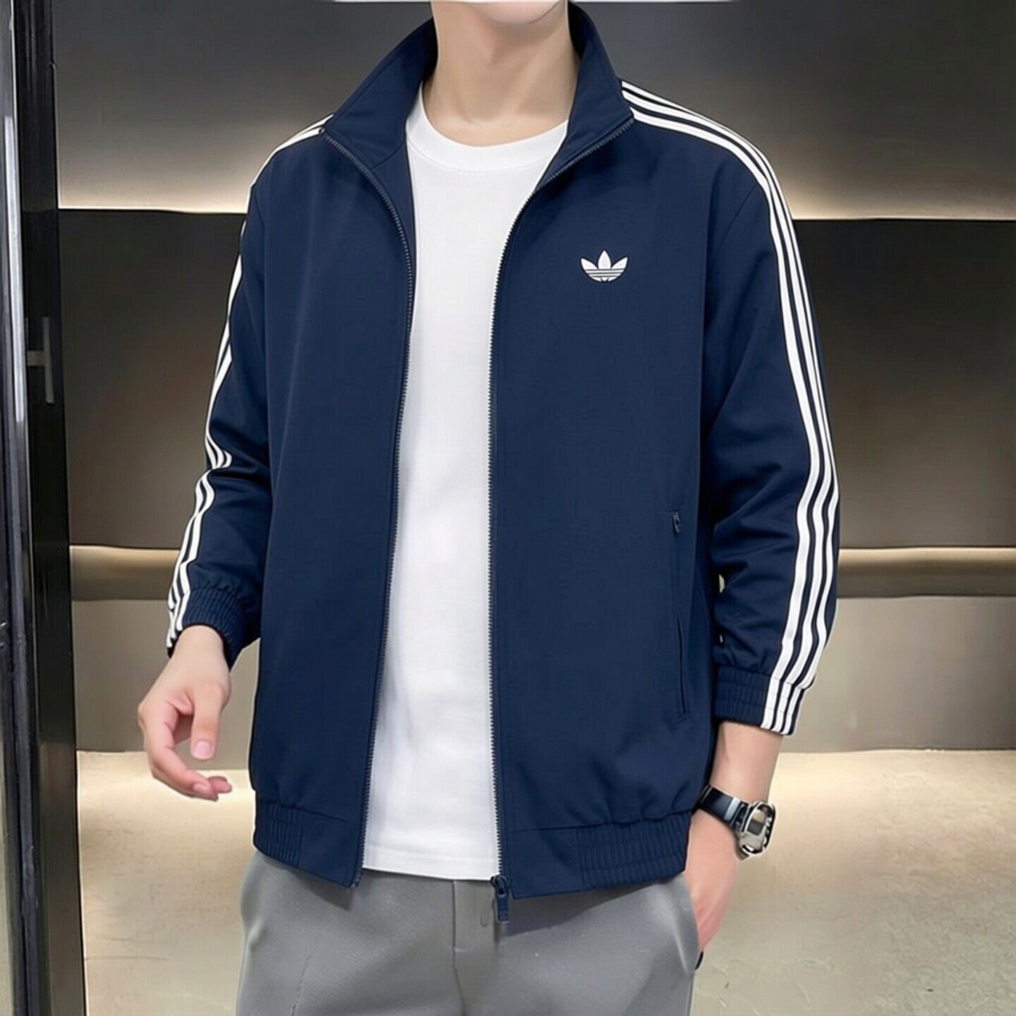 阿迪达斯三叶草蓝色外套男春季新款运动服男士正品立领夹克KE1365