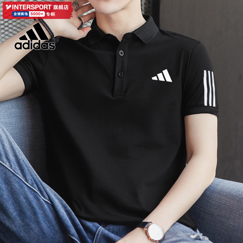 阿迪达斯短袖polo衫男2026冬季新款翻领半袖上衣黑色速干运动T恤