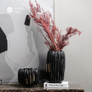 侘寂轻奢金边黑色花瓶树脂摆件现代简约家居样板间桌面软装 干花