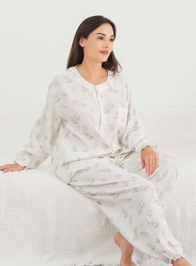 【品牌清仓】双层绉纱成人家居服套装长袖纯棉透气睡衣睡裤空调服