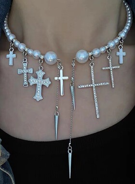 亚文化Y2K夸张甜酷开口珍珠十字架铆钉流苏项链颈链锁骨链辣妹女