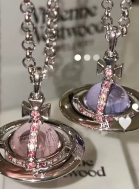 薄荷绿紫色高版中号orb立体土星球长项链小众INS锁骨链辣妹女韩潮