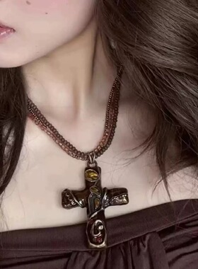 美拉德秋季千禧Y2K亚文化辣妹复古十字架水钻多层串珠叠戴项链韩