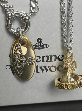 西家复古设计古金色圆牌字母立体土星项链轻奢高级感小众锁骨链