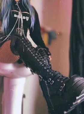 辣妹Demonia朋克皮扣过膝高筒靴哥特坡跟高跟厚底系带松糕鞋大码