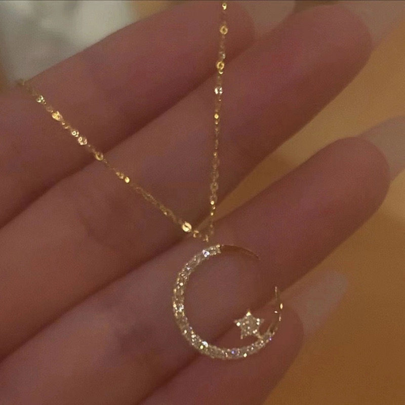 小红书辣妹INS简约金色星星月亮项链女生超闪满钻锆石锁骨链项链