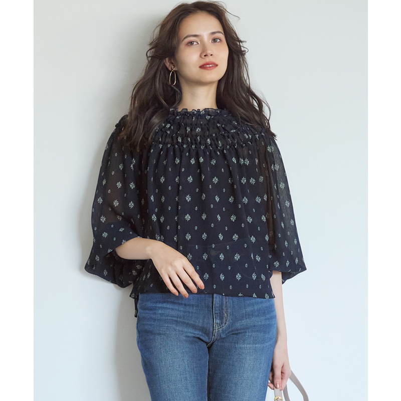 23区SLOW系列时尚简约气质皱纹花卉印花衬衫女ONWARD