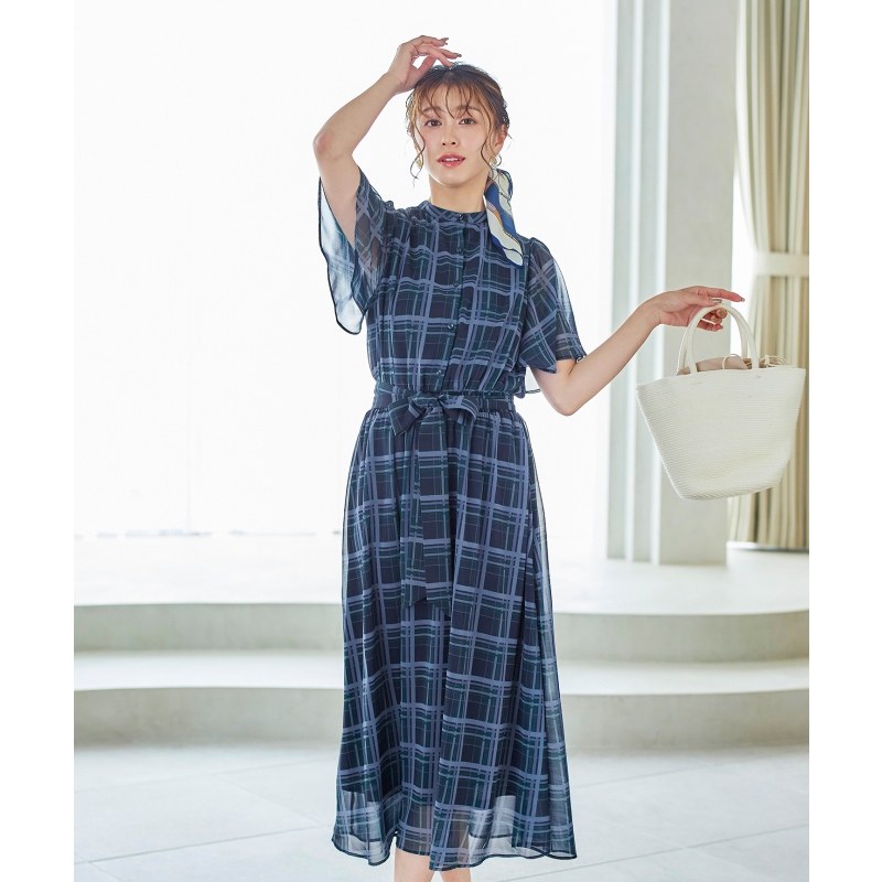 Tiaclasse可洗夏日清新格纹荷叶袖连衣裙清爽气质长日系轻奢