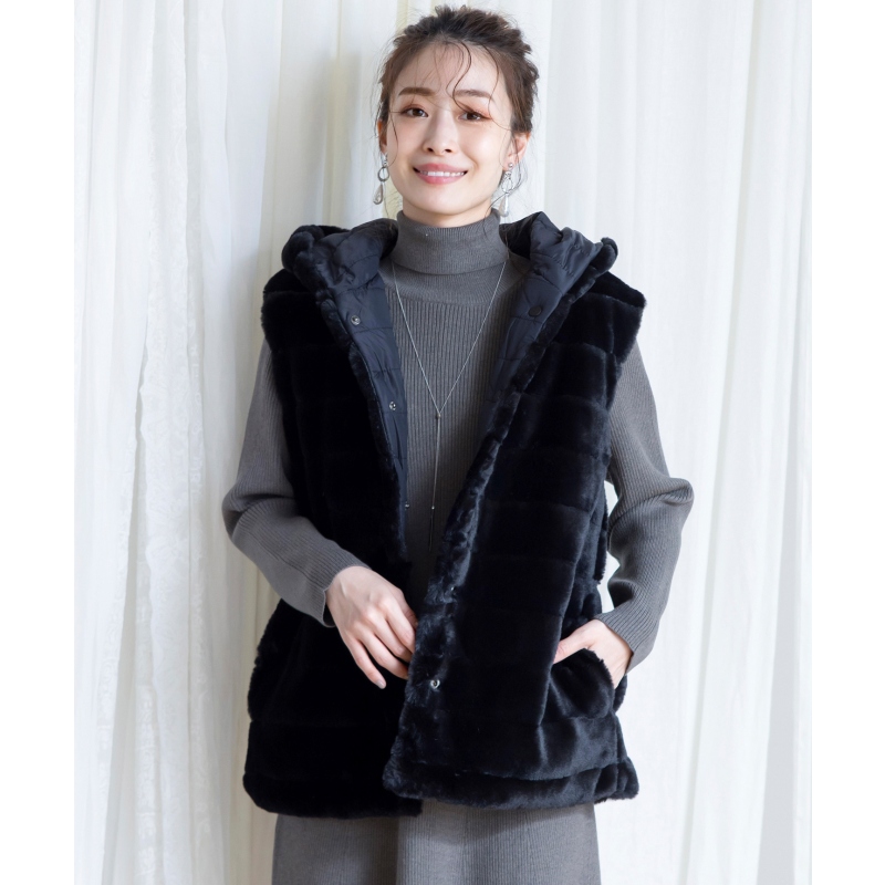 【Tiaclasse】2WAY日系时尚保暖双面绗缝人造皮草马甲背心秋冬