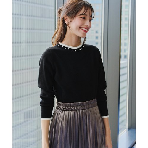 Tiaclasse可洗珍珠领拼色针织上衣ONWARD秋冬新品