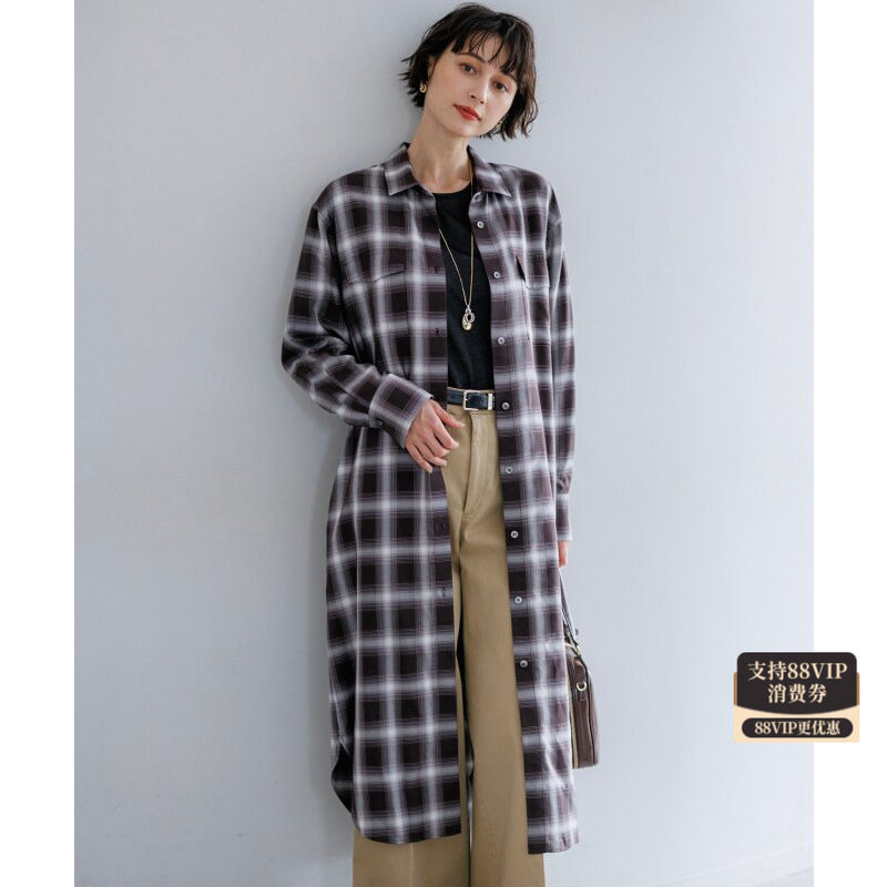 23区优雅感简约棉混纺格纹衬衫式连衣裙女ONWARD
