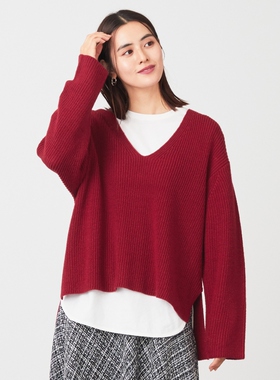 any FAM可机洗温柔泡芙袖大V领羊毛粗松针织衫毛咖啡色波尔多深蓝