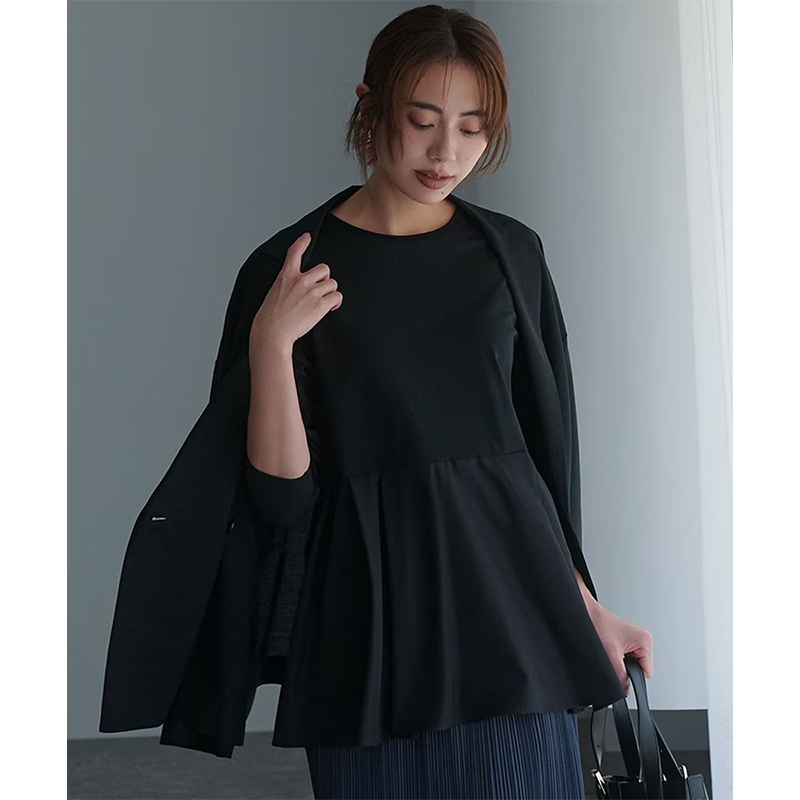 23区渡边杏同款可洗自然棉弹力拼接荷叶边上衣女ONWARD
