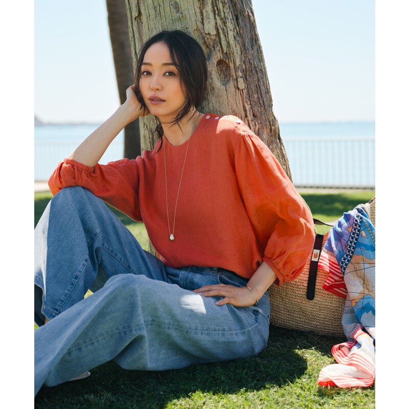 23区时尚气质优雅感LIBECO亚麻泡泡袖上衣女ONWARD