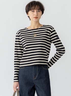 23区可洗Armor-lux系列光滑后扣条纹简约长袖T恤女ONWARD