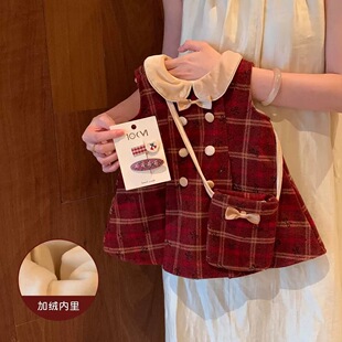 女童2026新款秋冬连衣裙女宝宝加绒红色格子小香风周岁礼裙背心裙