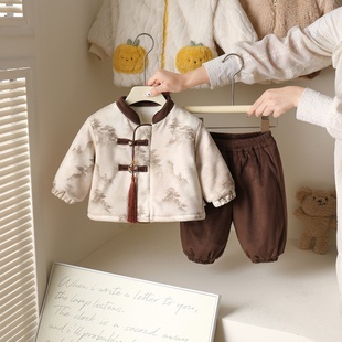 男童套装冬装男宝宝加绒夹棉保暖国风唐装新中式周岁宴礼服两件套