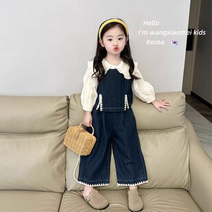 女童春秋季套装2026春装新款韩系儿童装洋气时髦衬衫牛仔马甲裤子