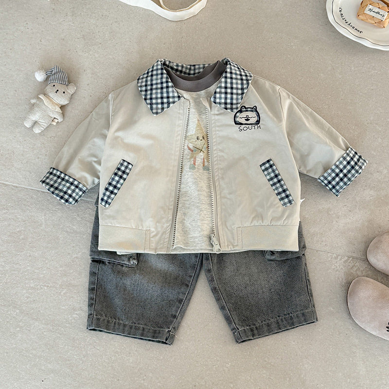 男宝宝翻领外套春季新款男童拼色两面穿格子夹克婴幼儿拉链衫 a类