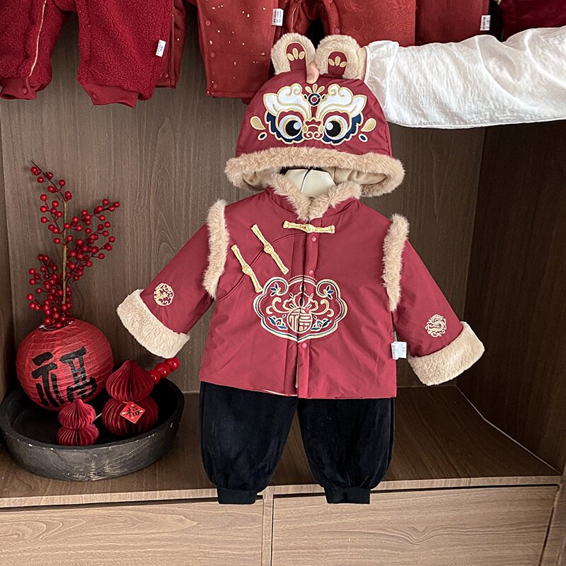 男童周岁礼服夹棉套装婴儿百日宴唐装红色喜庆抓周宝宝蛇年拜年服