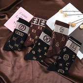 秋冬新款 时尚 黑色亮丝网红字母运动袜ins潮流纯棉咖色中高筒女袜