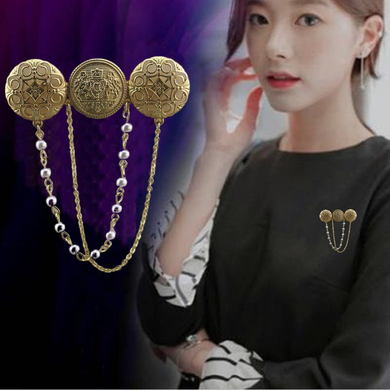 名媛小香风~轻奢浮雕金币珍珠流苏镶钻欧美法式复古女王胸针胸花