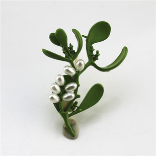 欧美衣饰品 Vintage女款网红主播槲寄生珍珠复古绿色烤漆胸针