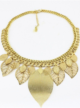复古夸张叶子组合短款流苏项链