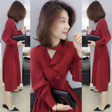 红色雪纺中长款 连衣裙 气质收腰长袖 女2019新款 欧洲站秋装 欧货韩版