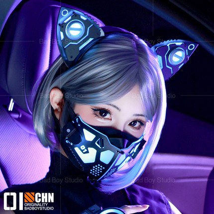 赛博朋克发光面罩猫耳发箍机械姬机能风手甲酒吧演出道具科技感CS