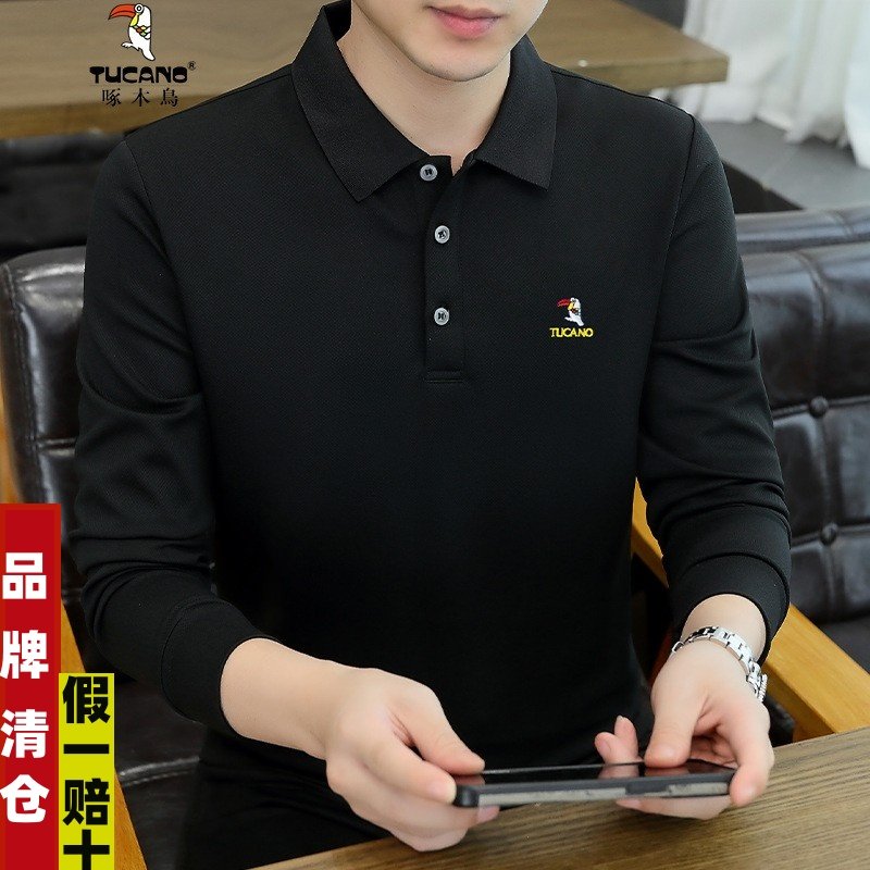 啄木鸟秋季青年学生翻领长袖t恤Polo衫男士上衣宽松休闲印花韩版