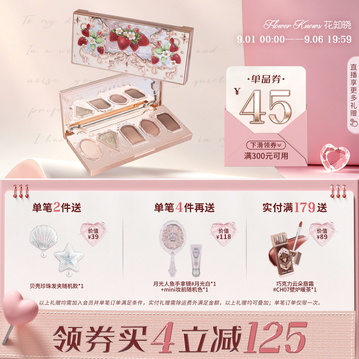 【满300减45】花知晓草莓洛可可五色眼影盘清冷眼影大地色哑珠光图片