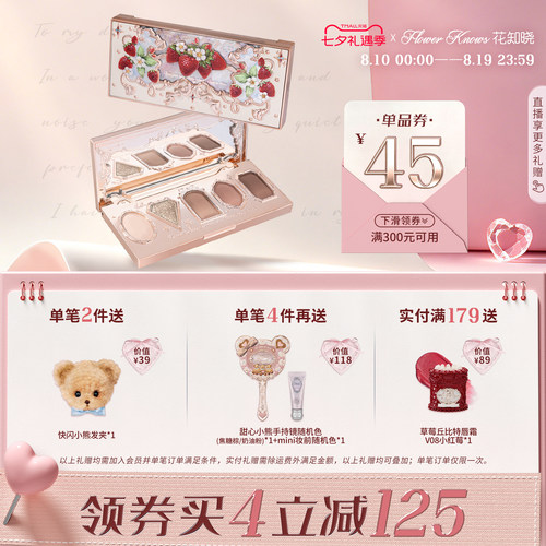 【满300减45】花知晓草莓洛可可五色眼影盘清冷眼影大地色哑珠光