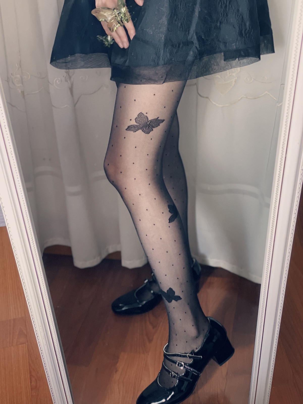 夏季15D古风蝶恋花薄款丝袜 黑色蝴蝶点点提花连裤袜 汉服拍片袜