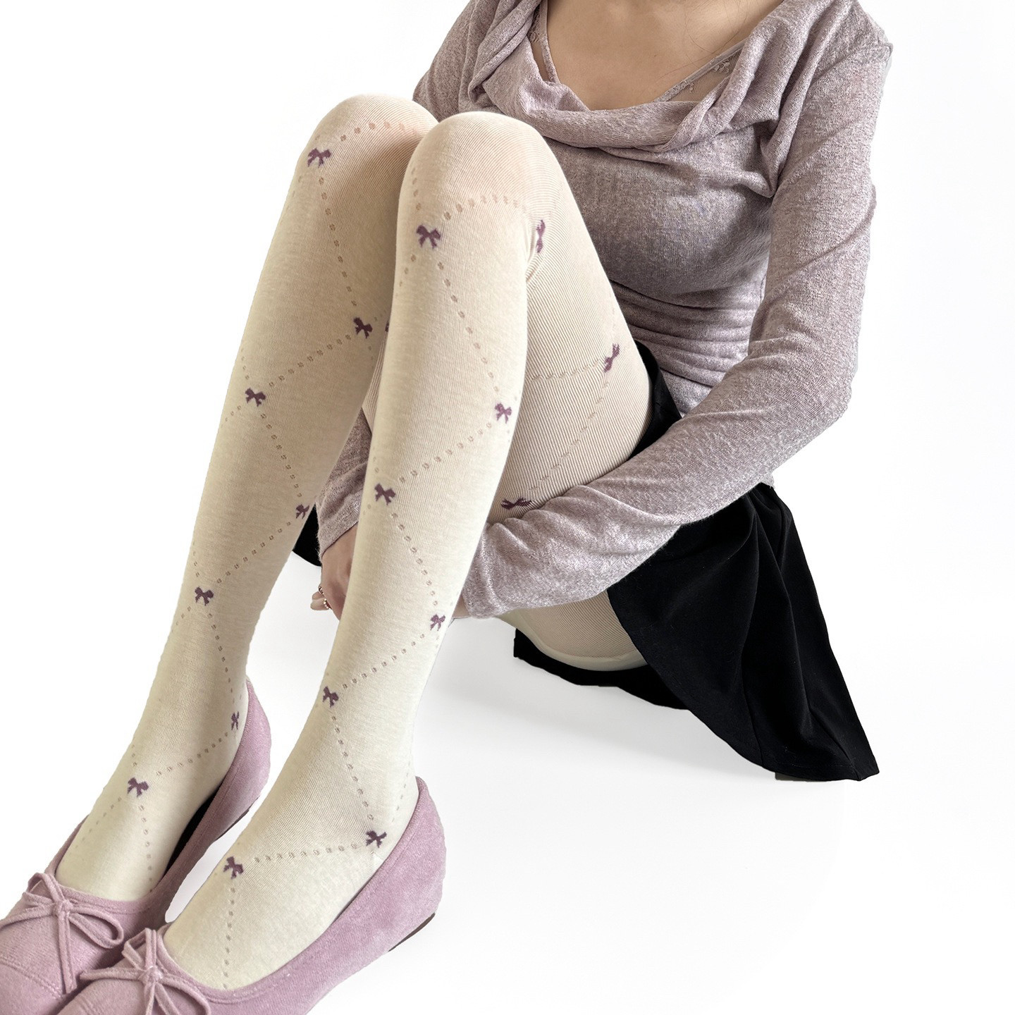 26春白色甜美蝴蝶结织花撞色打底袜棉质显瘦镂空菱形格连裤袜8色