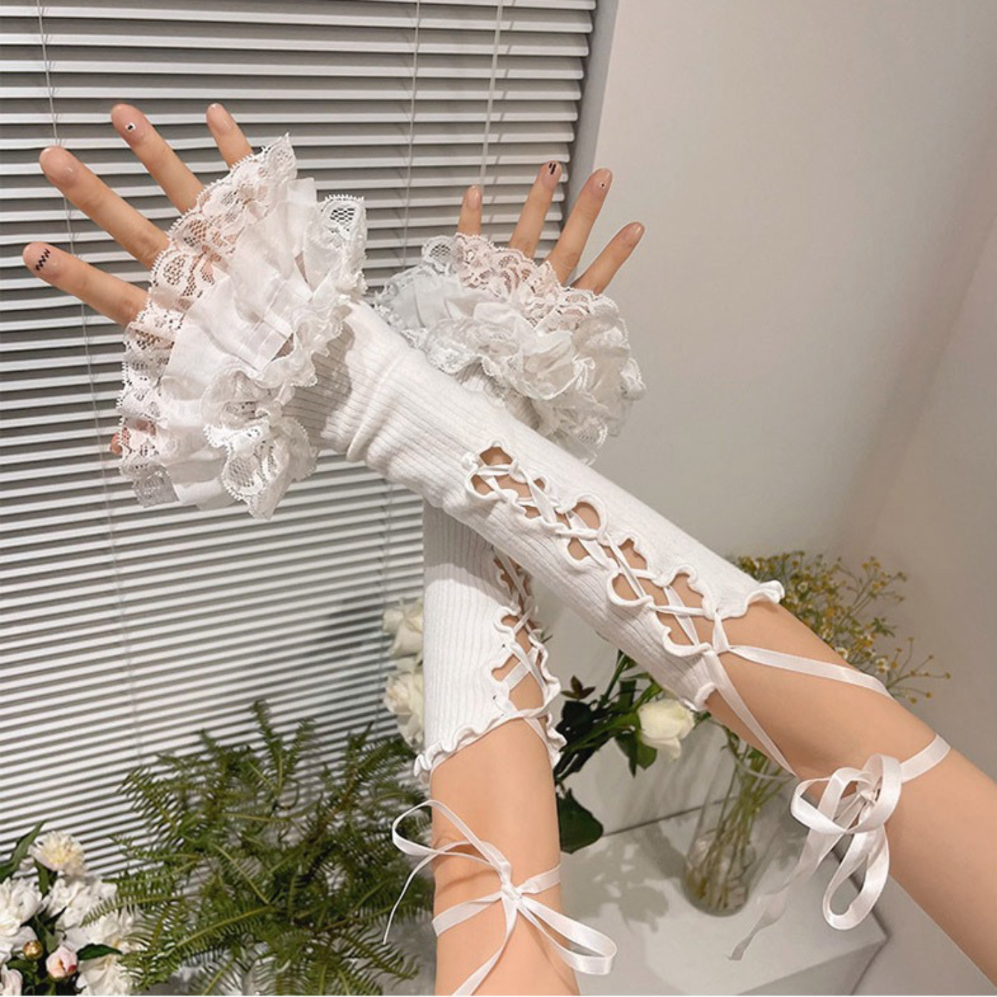 动漫cos洛丽塔少女蛋糕花边配件手袖千禧年y2k芭蕾绑带防晒黑袖套