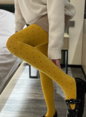 日系少女姜黄色圆点织花天鹅绒连裤袜甜美红色美腿显瘦秋季打底袜