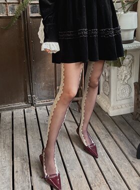 秋季复古金色宫廷奢华蕾丝性感丝袜深紫色显瘦美腿拼接连裤袜女袜