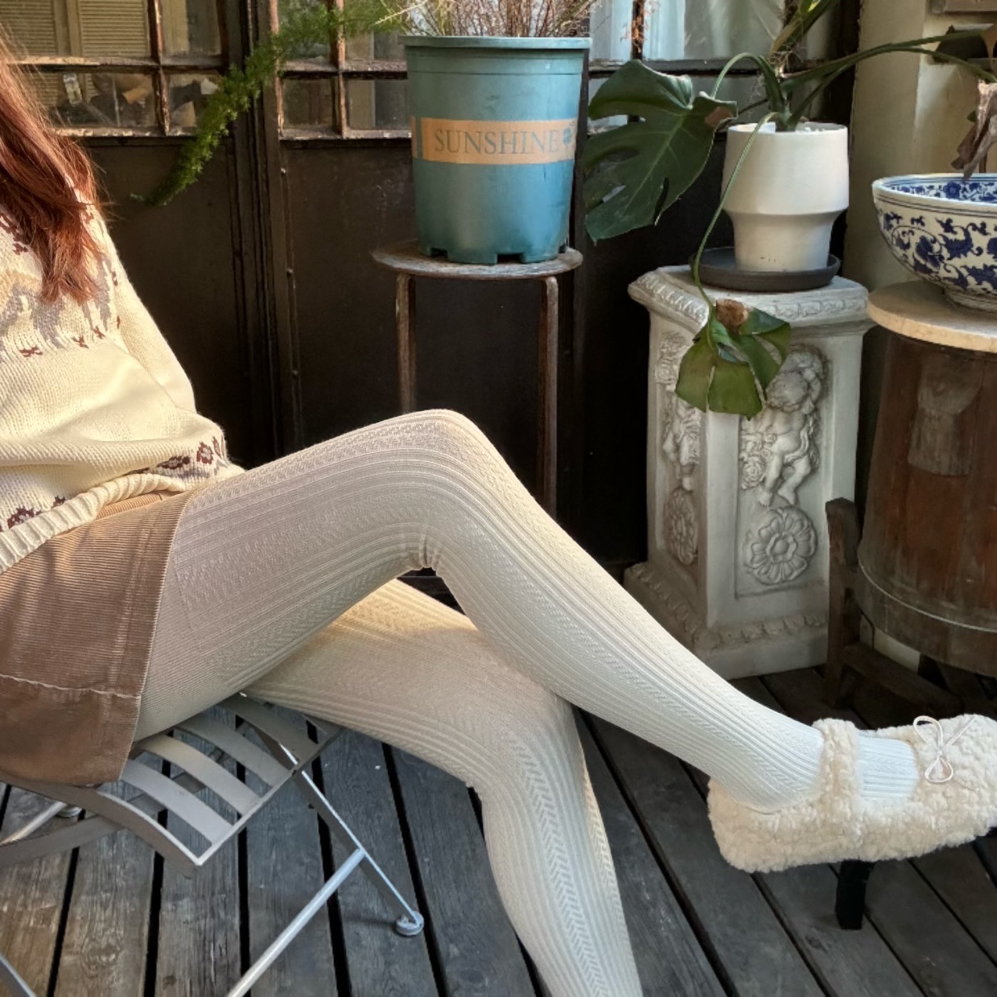 秋冬含羊毛加绒奶白色麦穗打底袜复古麻花提花保暖显瘦咖色连裤袜