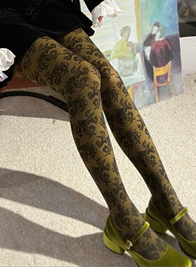 欧式极繁主义复古图腾提花打底袜小众设计黄色暗纹织花古着连裤袜