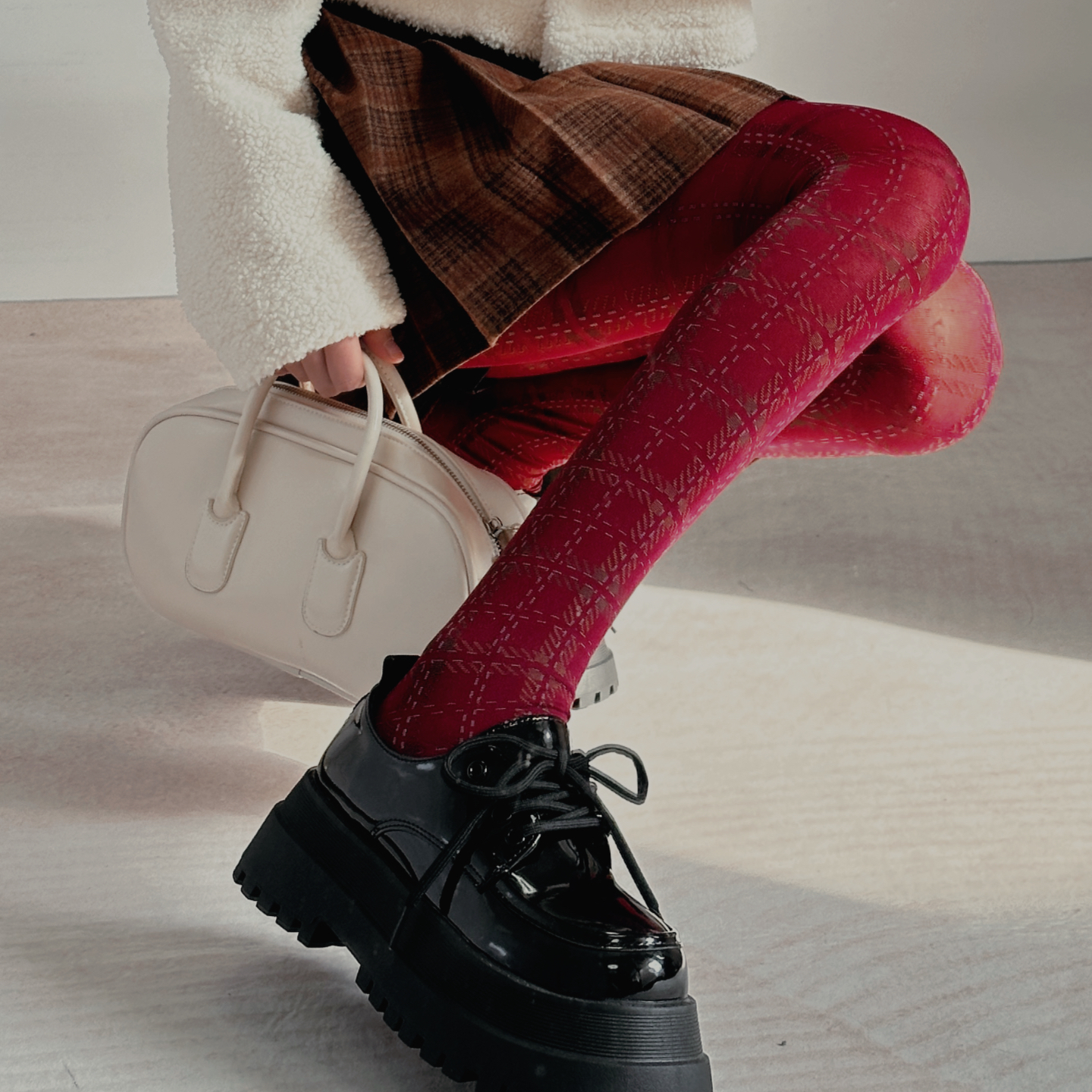 洋气红色方格学院风天鹅绒连裤袜